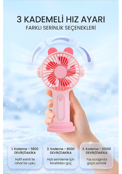 Şarjlı Taşınabilir Sevimli Kulak Tasarımlı Mini Fan 3 Kademeli Hız Telefon Standlı Vantilatör Pembe