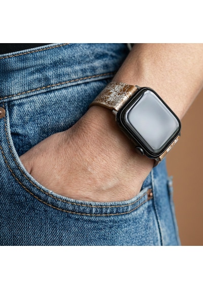 Goldoni Apple Watch Uyumlu Antik Bej İnce Gerçek Deri Kordonu Metal Köprülü
