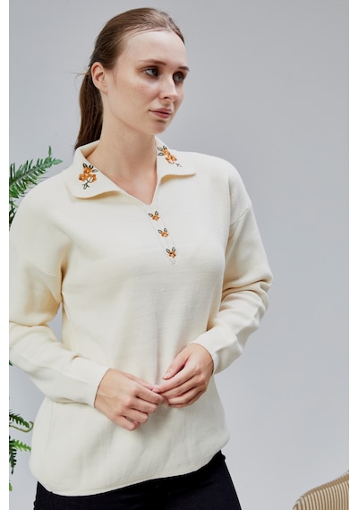 Lugmo Kadın Polo Yaka Oversize Çiçek Nakışlı Triko Kazak Ekru Ekru