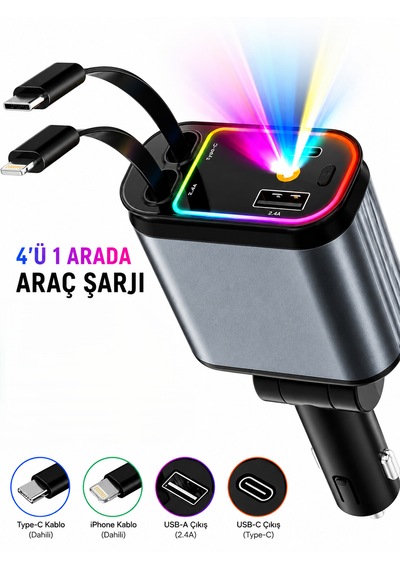 66w Tavan Aydınlatmalı 4'ü 1 Arada Araç Şarj Adaptörü 80 Cm Uzayabilen Kablolu Araç Şarj Cihazı