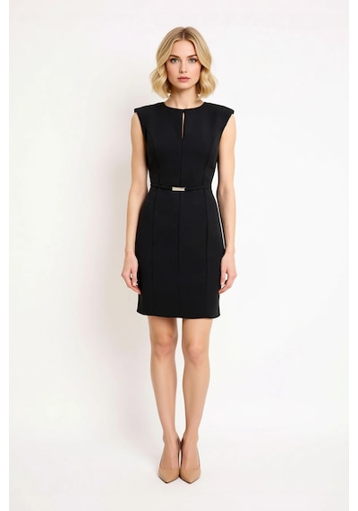 Benerly Kadın Kolsuz Mini Elbise Bisiklet Yaka Kemerli Bodycon Kesim Esne Siyah