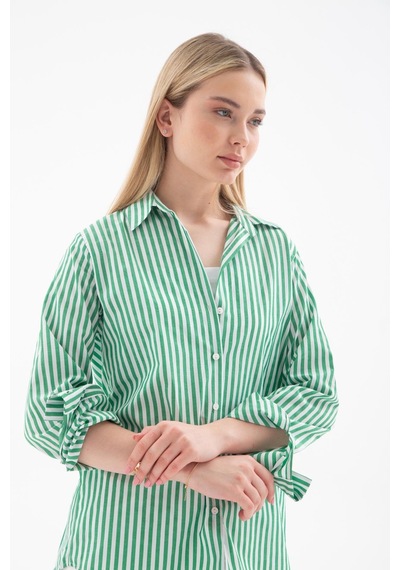 Fashion Friends Oversize Kadın Çizgili Gömlek Yeşil