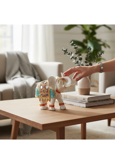 Lüks Ayna & Nakış İşlemeli Feng Shui Şans Getiren Fil Heykeli Dekoratif Biblo 16 Cm Yeni Ev Hediyesi