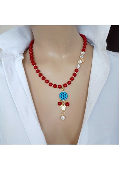 Luna Yeşil Tibet Akiği Lav Taşı Siyah Oniks Süryani Cam Boncuk Detaylı Tasarım Kolye Bordo