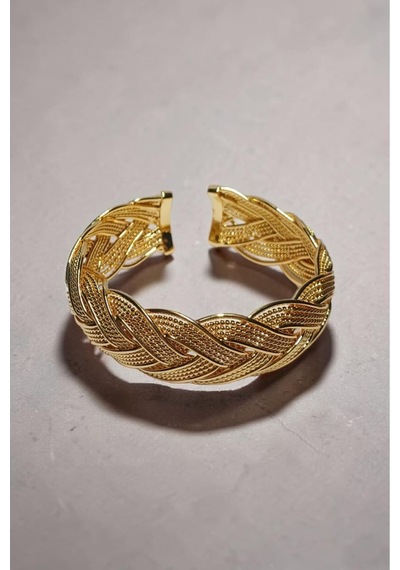 Altın Kaplama Saç Örgüsü Kelepçe Bilezik - 5.5 Cm İç Çap Kalın Hasır Model Kadın Bileklik Gold