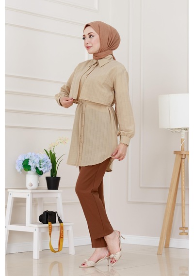 Sevitli Beli Bağcıklı Allerli Taşlı Tunik-bej-5219 Bej