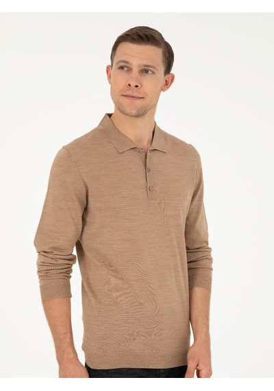 Cacharel Camel Slim Fit Yün Karışımlı Polo Yaka Basic Triko Kazak Kahverengi