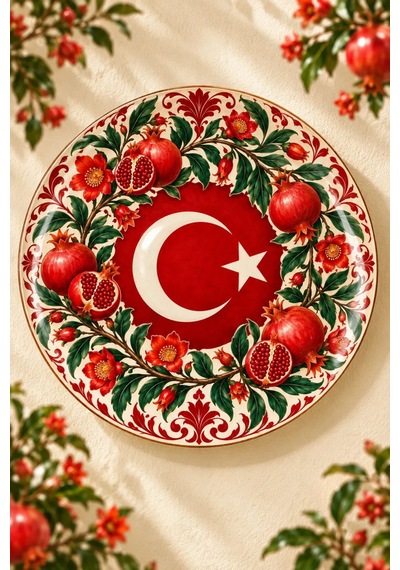 Dekoratif Duvar Tabağı Ay Yıldızın İzleri Dekorlu Seramik Tabak Kırmızı