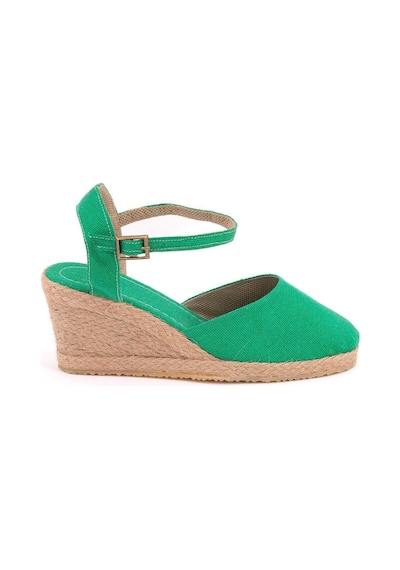 Star Tombis Gerçek Elişi Topuğu Açık Bilekten Bantlı Dolgu Topuk Keten Hasır Espadril Handmade Yeşil