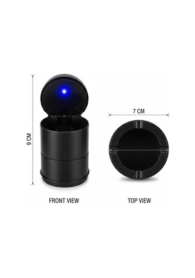 Led Işıklı Araç Küllüğü, Kapaklı Kokusuz Tasarım, Universal Bardaklık Uyumlu, Siyah, 7x9 Cm