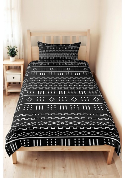 Siyah Geometrik Modern Genç Odası Tek Kişilik Pike Takımı - Etnik 160x220 Cm Kapitone Yatak Örtüsü Mistik Kahve Kıyımı