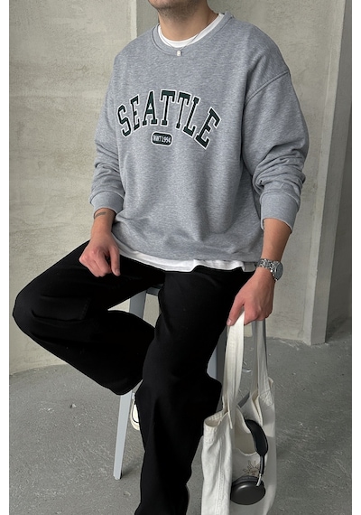 Erkek Seattle Baskılı Oversize Sweatshirt Grimelanj
