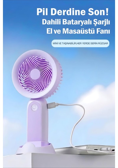 Şarjlı Taşınabilir Mini El Fanı 3 Kademeli Hız Ayarlı Telefon Standlı Vantilatör Mor