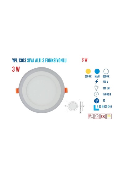 Ycl Ypl-1303B 3W Sıvaaltı 3 Fonk.Yuvarlak Beyaz Ar
