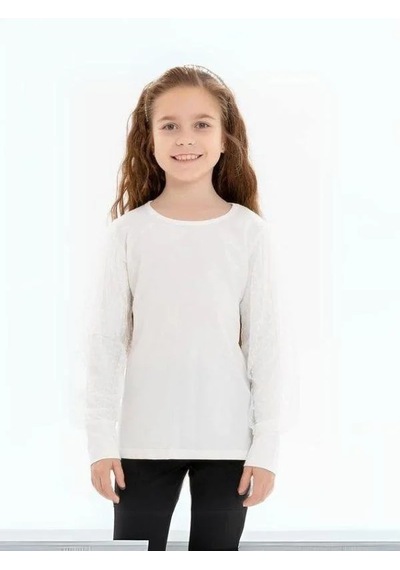 Kız Çocuk Kolları Tül Puantiye Detaylı Bluz-14354 Ekru