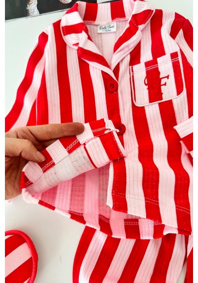 Minigimin Cicileri Çizgi Desenli Terlikli Kız Çocuk Pijama Takımı - Kırmızı