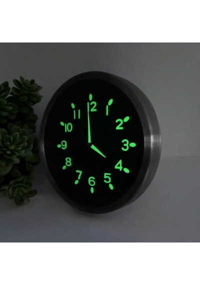 Fosforlu Karanlıkta Parlayan Kabartma Rakam Metal Duvar Saati Çap 30 Cm Siyah Siyah