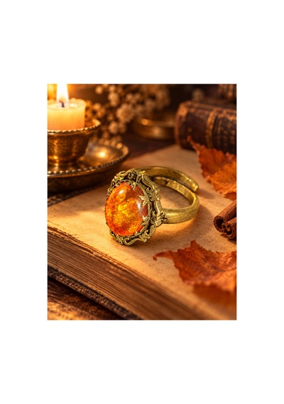 Esoo Jewelry Kehribar Taşlı Vintage Oval Ayarlanabilir Yüzük Antik Pirinç Kadın Gold