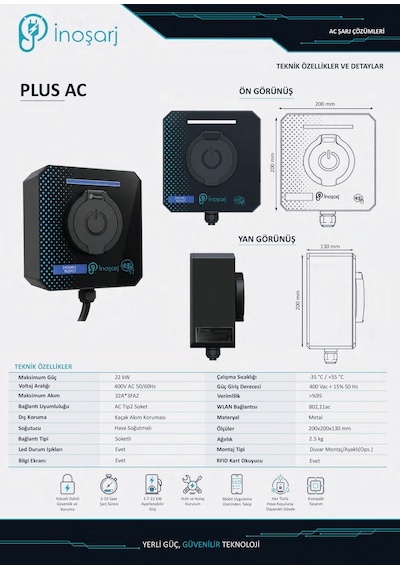 İnoşarj Plus Ac 22 Kw Rfıd Kartlı Bakiye Yönetimli Type 2 Soketli Elektrikli Araç Şarj İstasyonu