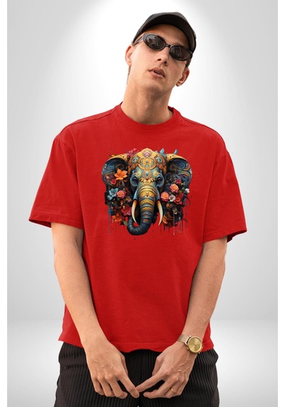 Bereket Fil Hintli Tasarım Pamuklu Bisiklet Yaka Unisex Oversize Boyfriend Dijital Baskılı Kırmızı T-shirt Kırmızı