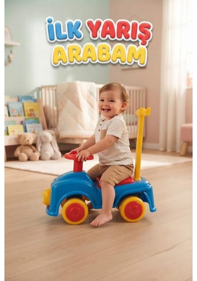 İlk Yarış Arabam 10 - 15 Kg Taşıma Kapasiteli Dayanıklı Binişli Ayıcık Süslemeli Oyuncak Araba Çok Renkli