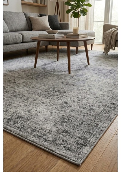 Modern Eskitme Gri Salon Halısı - Antrasit Vintage Desenli