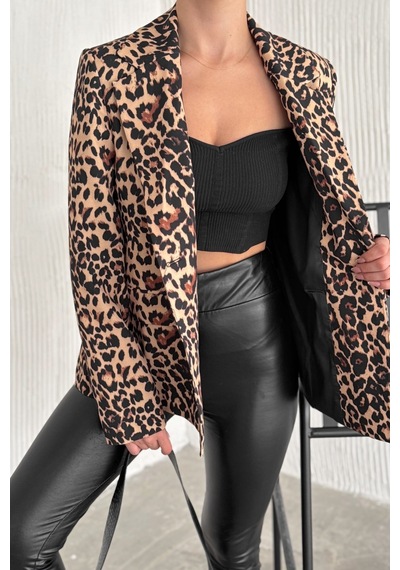 Femelle Kadın Leopar Desen Astarlı Blazer Ceket Kahverengi