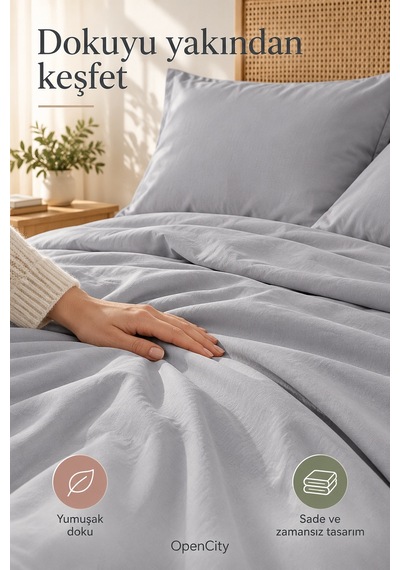 Gri Tek Kişilik Nevresim Takımı 3 Parça Düz Renk 160x220 Nevresim Çarşaf Yastık Kılıfı Sade Tasarım