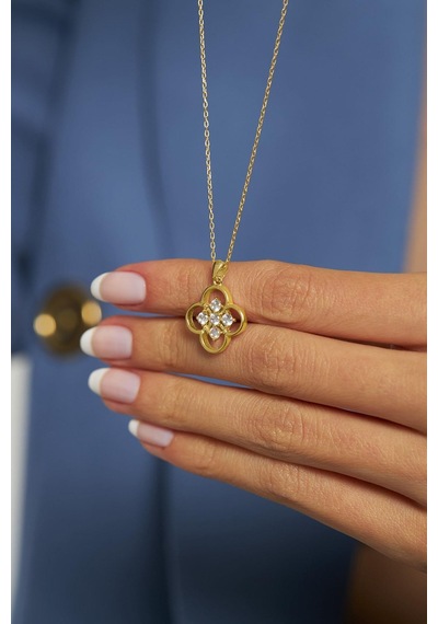 Erdobia Zirkon Taşlı Gold One Cleef Yonca Gümüş Kolye