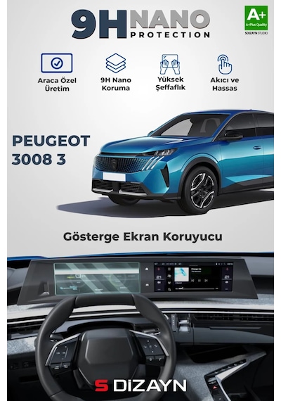 S-dizayn Peugeot 3008 3 10 İnç 9h Nano Gösterge Ekran Koruyucu Parlak 2024 Üzeri A+ Kalite