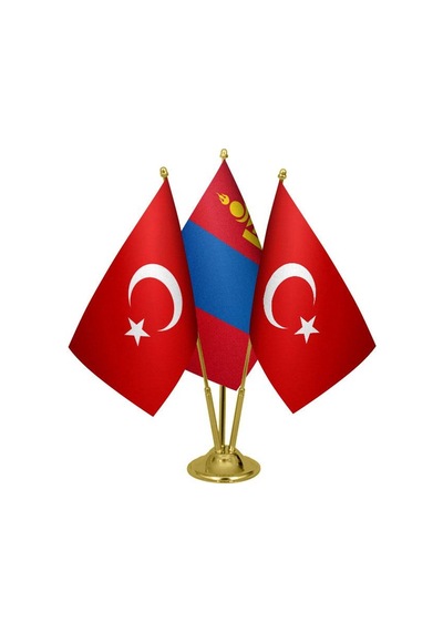 Masa Üstü Moğolistan Bayrağı Türk Bayrağı Üçlü Pirinç Direk Masa