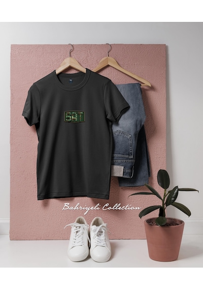 Oversize Sat Yazısı Kamuflaj Tasarımlı Unisex T-shirt Siyah