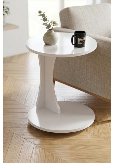 Reyo Falez Tekerlekli Yan Sehpa Modern C Sehpa Minimal Tasarım Yuvarlak Orta Sehpa Salon Koltuk Yanı 6096 Beyaz