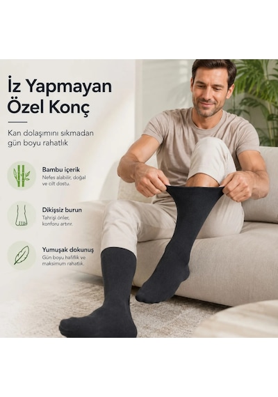 Bambu Diyabet Çorabı Lastiksiz Dikişsiz Burun Siyah Uzun Konç Hassas Ayaklar İçin