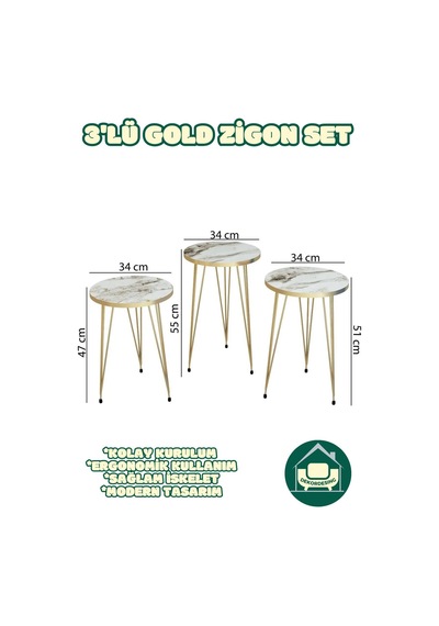 Berlin Beyaz Zigon Sehpa Gold Tel Ayak Lüks & Modern Tasarım