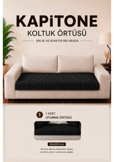 Tek Parça Kaymaz Taban Kapitone Koltuk Örtüsü Çekyat Kanepe Örtüsü 90x200 Siyah Siyah