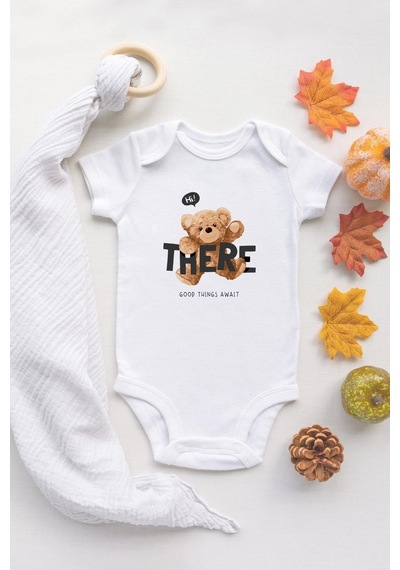 Tuğba Baby Organik %100 Pamuk Uzun Kollu Beyaz Hi There Teddy Bear Bebek Body Bebek Badi Çıtçıtlı Zıbın Beyaz