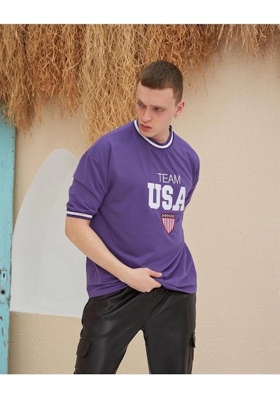 Nakış İşlemeli Ribanalı Oversize T-shirt - Mor Çok Renkli