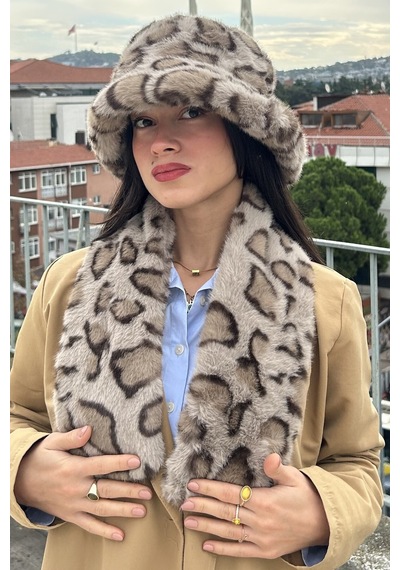 Mollycrush Kadın Leopar Desenli Peluş Şapka Atkı Takım Kışlık Model Bej Leopar