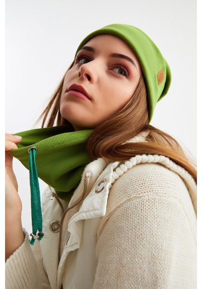 Butikgiz Kadın Balıkçı Style Pamuklu Kaşkorse Terletmez Ultra Hafif Yumuşak Bere Boyunluk Takım Yeşil
