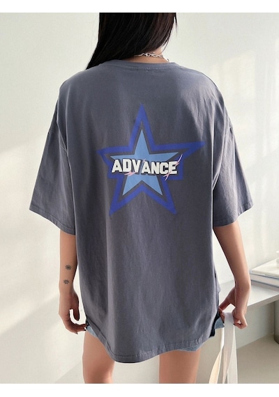 Flood Of Style Kadın Füme Advance Baskılı Oversize Bisiklet Yaka Tişört Gri