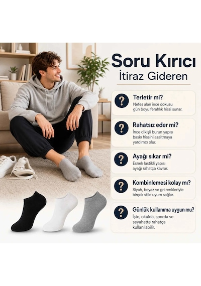 Womanandkids Wak Unisex Dikişsiz Kısa Konç 12 Li Patik Çorap, Pamuklu Geri Dönüştürülmüş İplik, Parfümlü, Siy Çok Renkli 12'li