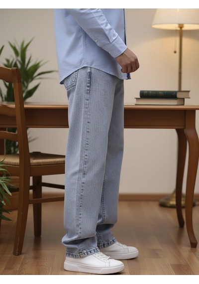 Lyvens Erkek Buz Mavi Baggy Oversize Bol Paça Jean Kot Pantolon Buz Mavi
