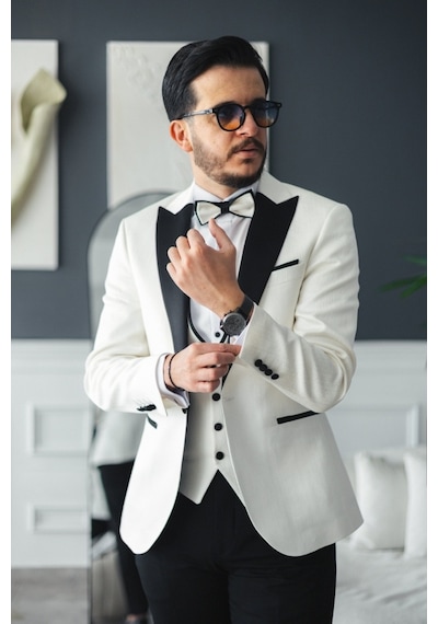 Avni Ceylan İtalyan Stil Smokin Takım Damatlık Beyaz