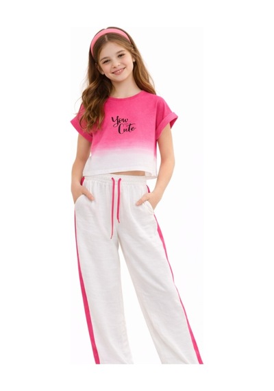İrem Kız Çocuk You Cute Yazılı Pembe Çift Renk Tişört Yanı Şeritli Pantolonlu İkili Takım