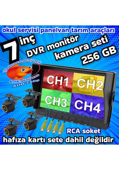 4 Adet 4x3 Cm. Ahd 720p 170 Derece Balık Gözü Lens Kamera 7 İnç 256 Gb Qled Dvr Monitör Seti 12 V