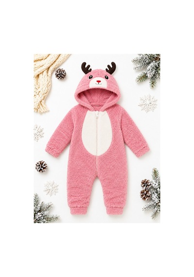 Tatlı Geyik Desenli Welsoft Bebek Tulumu Kapüşonlu Peluş Fermuarlı Kışlık Unisex Bebek Tulumu Gül Kurusu