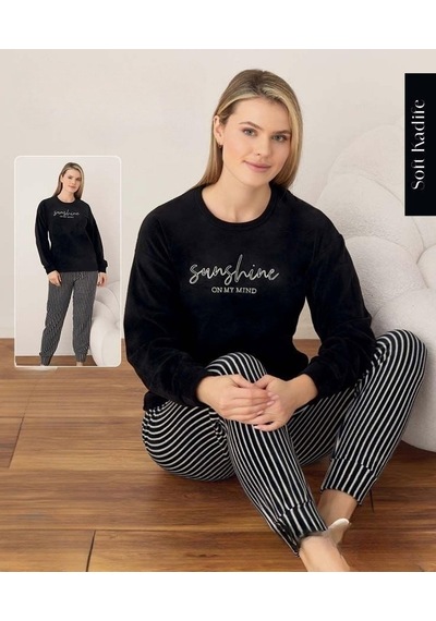 Boyraz Kadın Kışlık Bisiklet Yaka Soft Kadife Pijama Takımı 07041 - 1 Adet Siyah