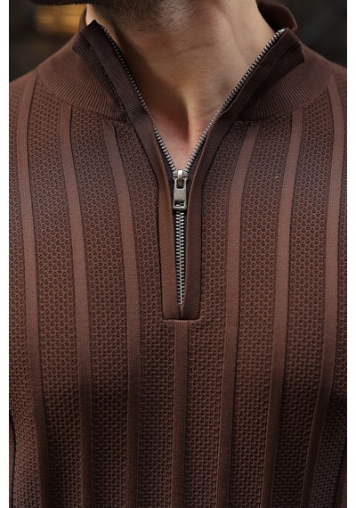 Madmext Kahverengi Slim Fit Hakim Yaka Fermuarlı Erkek Triko Kazak E7518