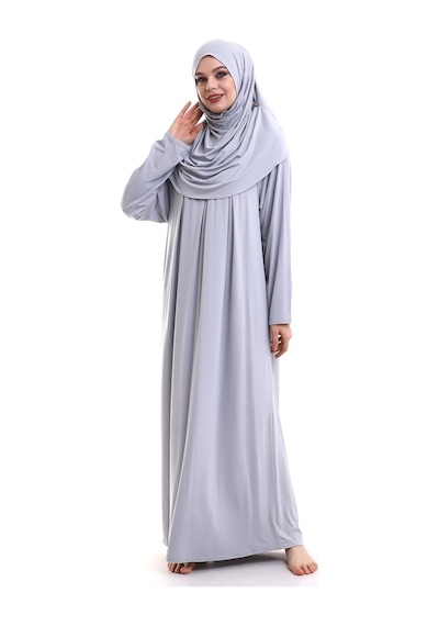 Tek Parça Pratik Başörtülü Robalı Namaz Elbisesi 8015 Gri 001